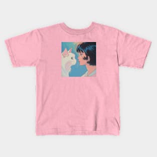 Retro Anime Girl And Cat Vintage Art 70s 80s 90s Kids T-Shirt